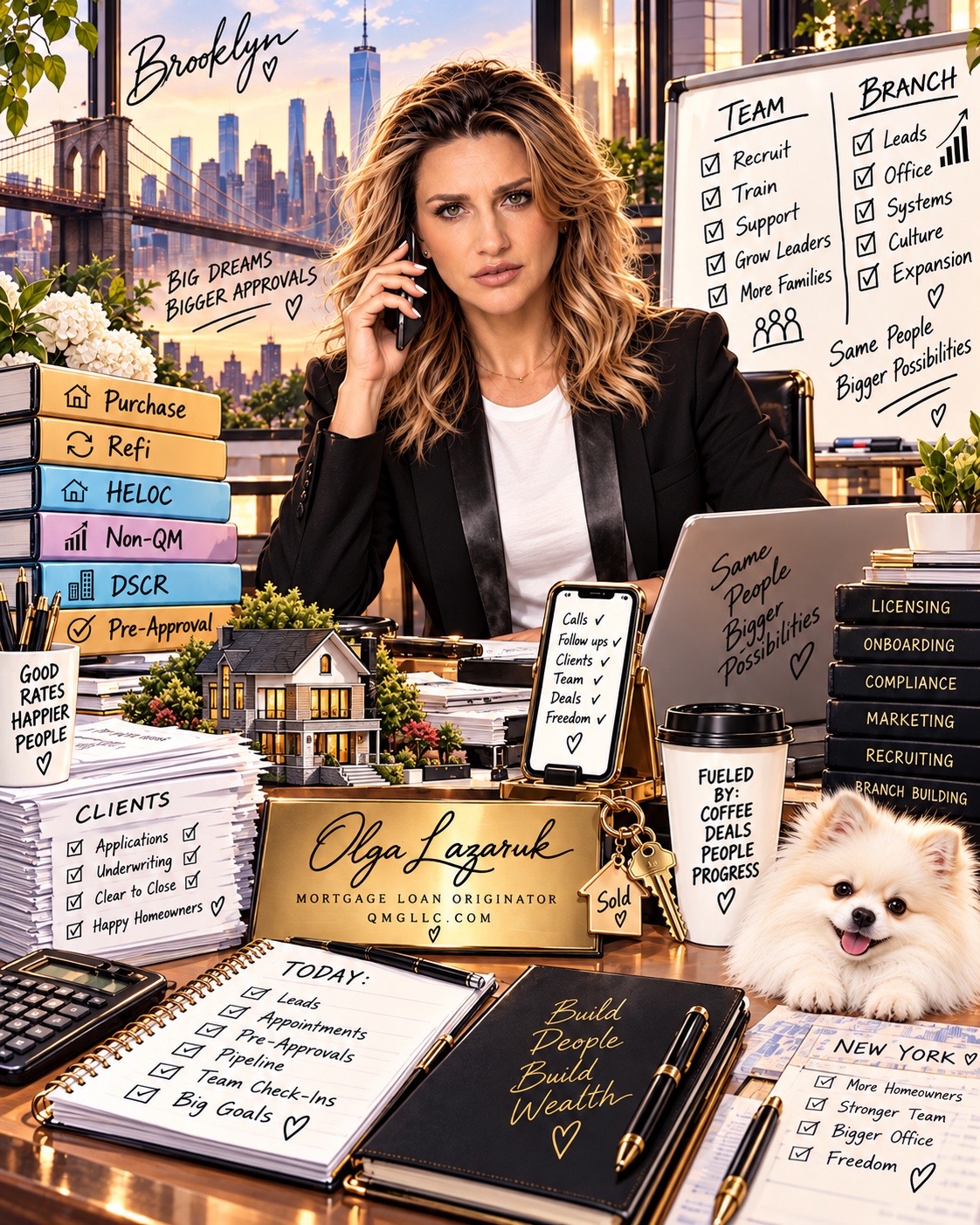 Olga Lazaruk at her mortgage desk, with the Brooklyn skyline and her white Pomeranian